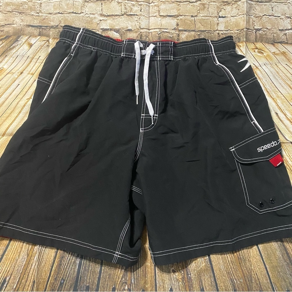 Speedo Black Red Mesh Brief Lined Cargo Swim Shorts Trunks